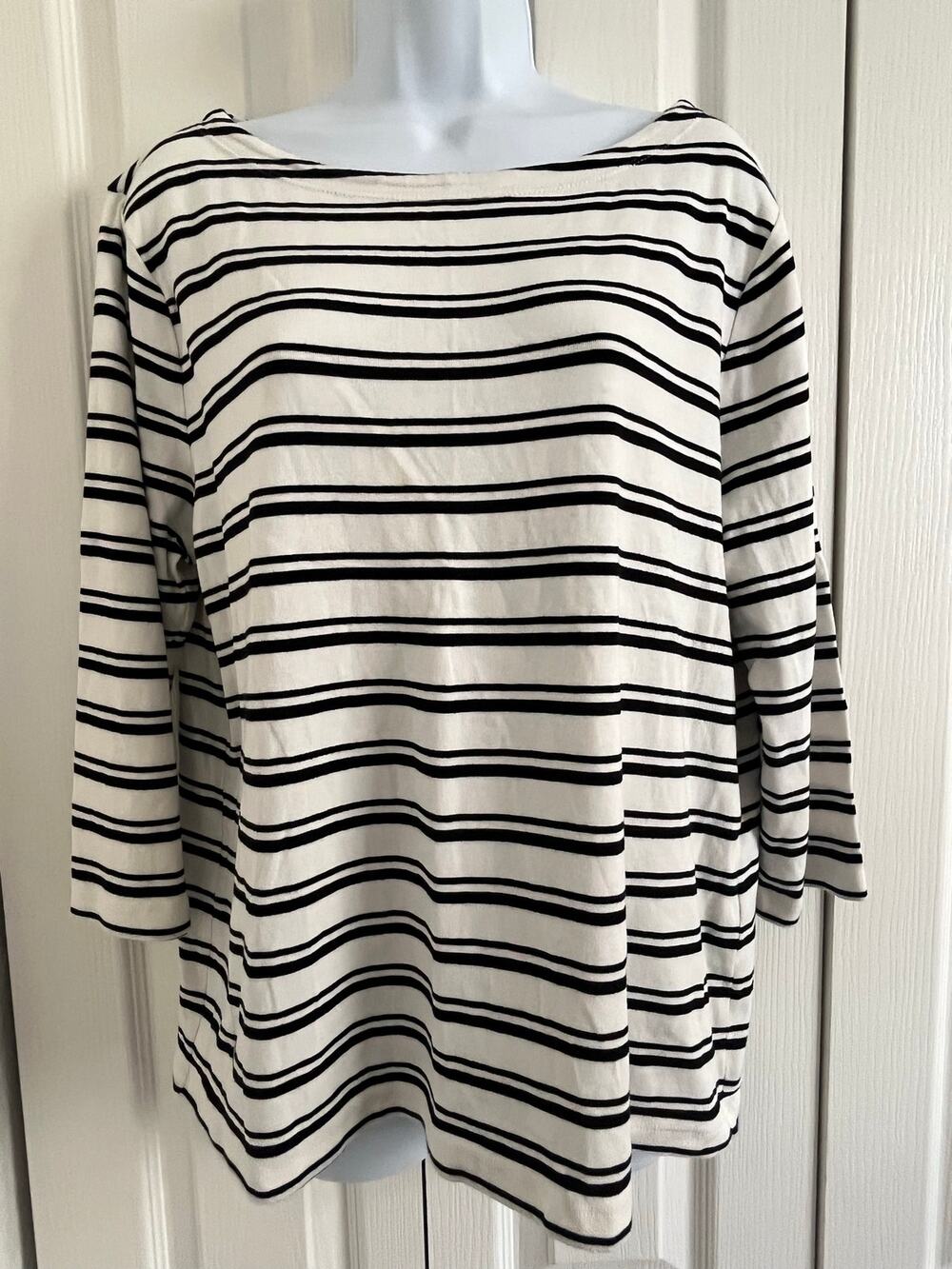 Chico's Size 2 Lg Black White Striped Nautical Boat Neck 3/4 Sleeve Cotton Top